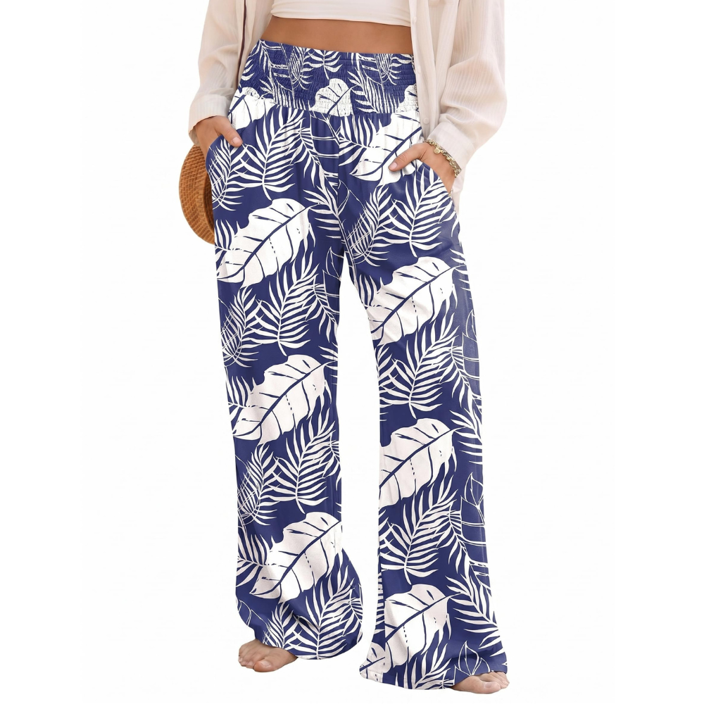 Rebecca Pantaloni Palazzo Donna – Modello Boho Floreale a Vita Smock con Tasche