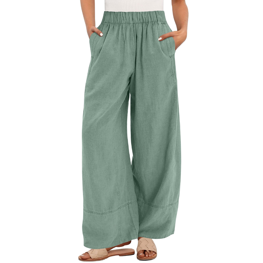 Aurora Pantaloni in Lino Donna – Modello Wide Leg con Vita Elastica e Tasche
