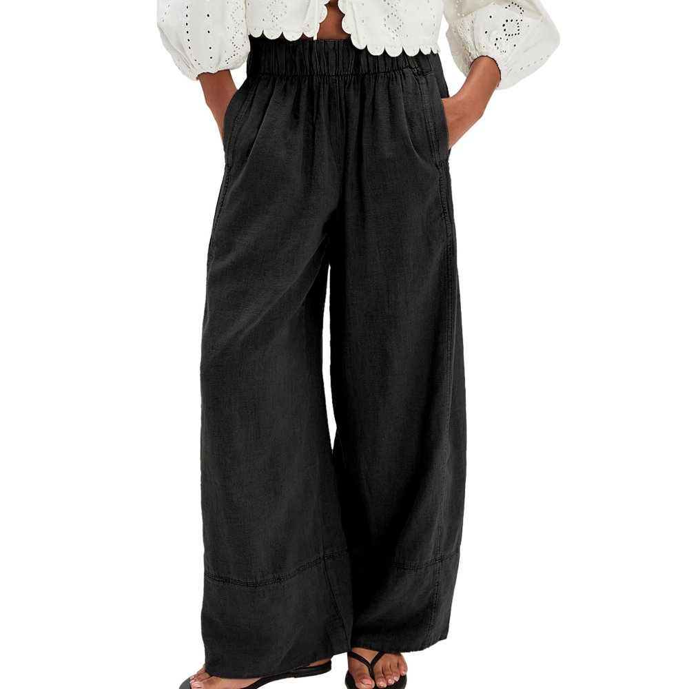 Genevieve Pantaloni in Lino Donna – Palazzo Wide Leg con Pieghe e Tasche