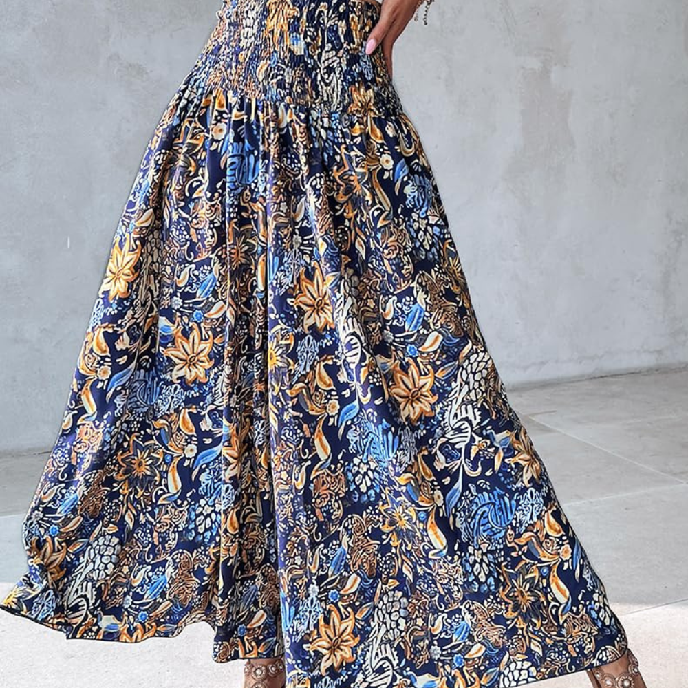 Thea Pantaloni Palazzo Donna – Modello Boho Floreale a Vita Alta