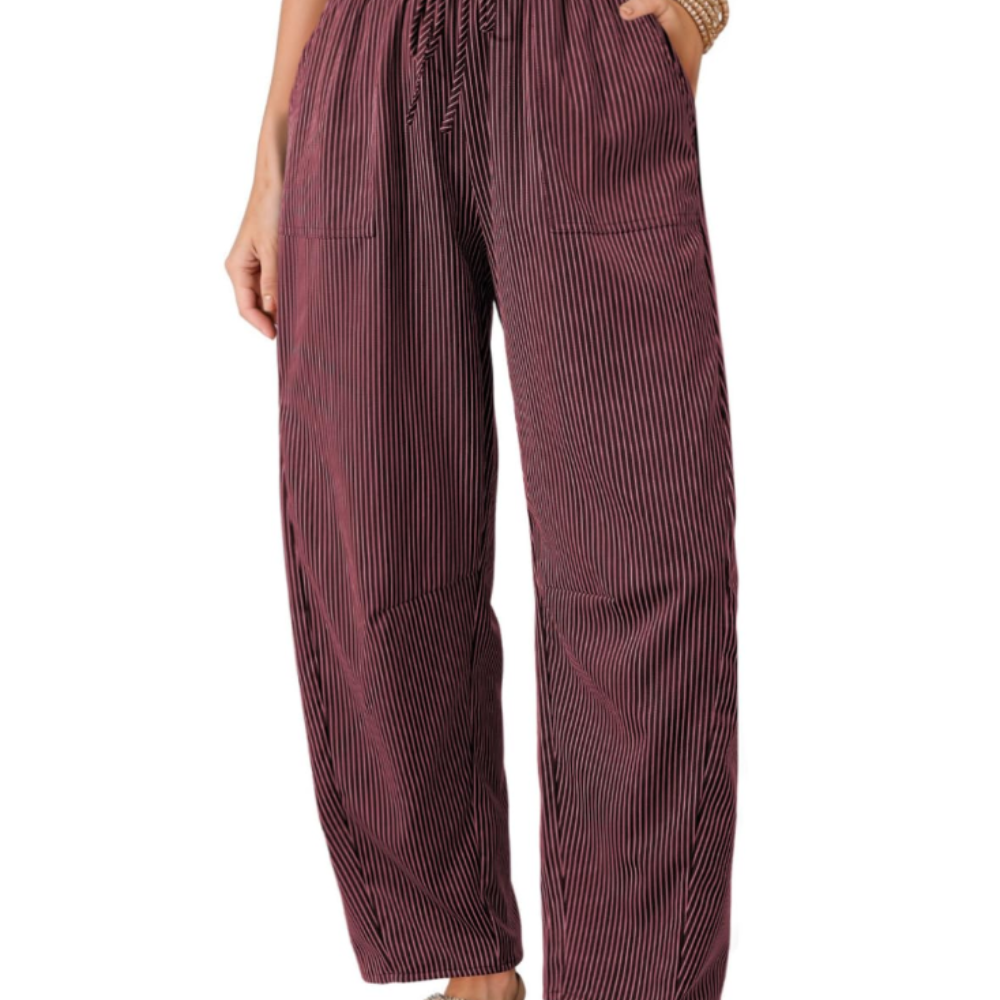 Livy Pantaloni Barrel Donna – Modello a Righe con Vita Paperbag e Tasche