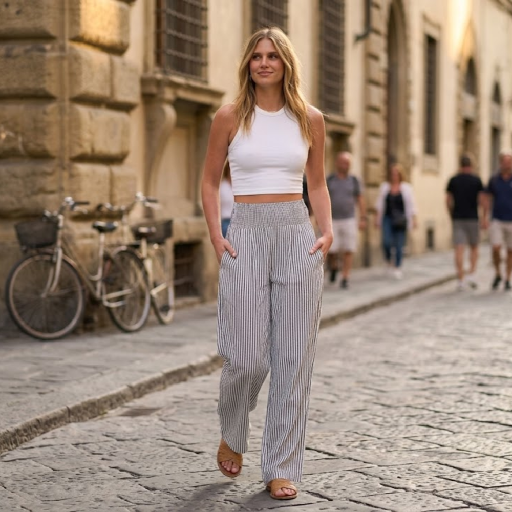 Nova Pantaloni Palazzo Donna – Modello a Vita Alta con Fantasia Righe e Tasche