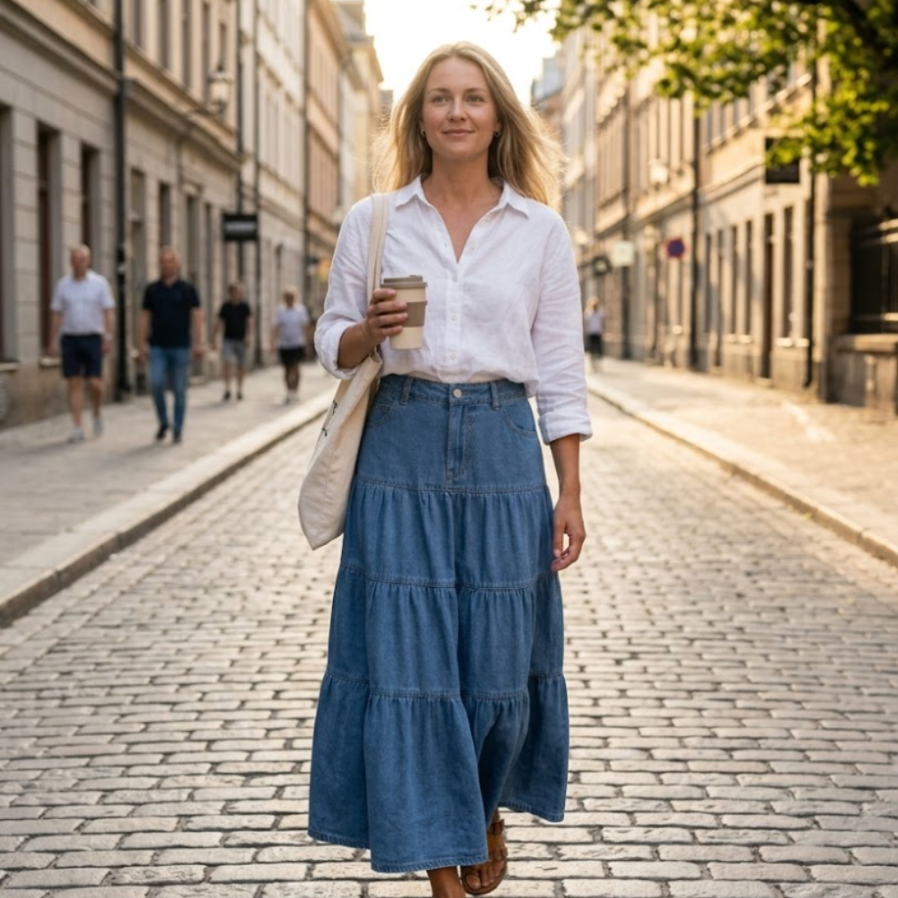 Falda larga Verna para mujer en denim – Falda larga vaquera con volantes y bolsillos