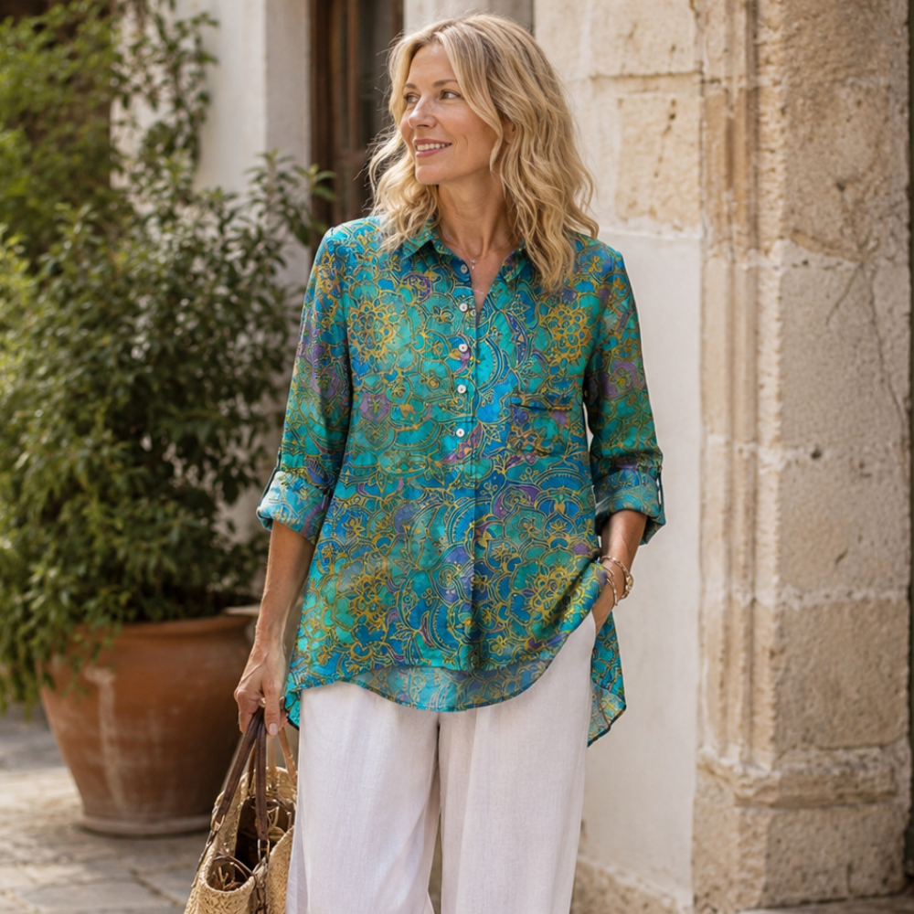 Lucia Chemise Femme Mandala – Imprimé Turquoise Or Violet, Tissu Léger Chic