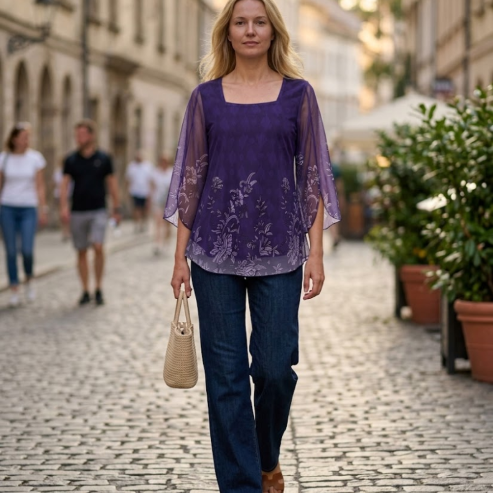 Giada Blusa Donna – Scollo Quadrato, Maniche 3/4 Volant, Tunica Chiffon Elegante