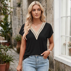 Elena Blouse Femme – Col V avec Dentelle, Manches Courtes, Tunique Bohème Décontractée