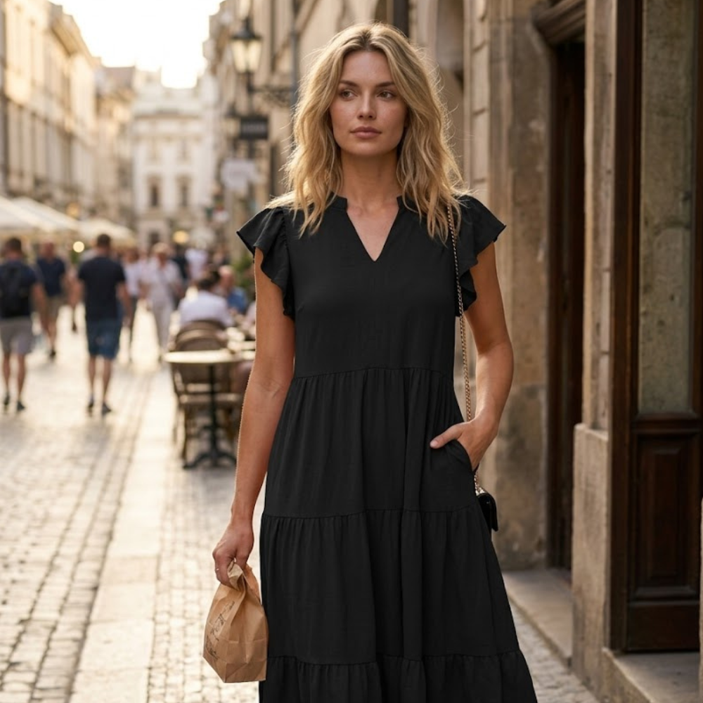 Robe Midi Femme Francesca – Col V, Manches Volantées, Bohème Ligne A Estivale