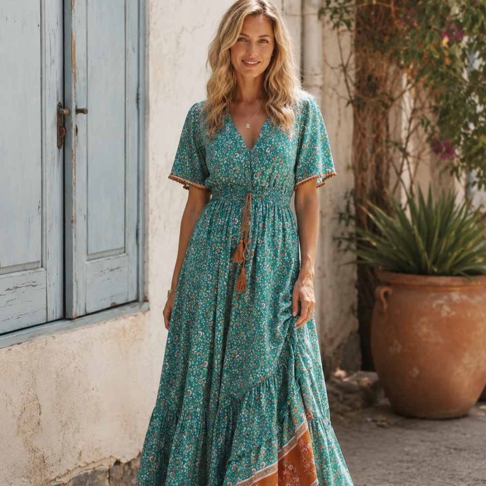Elisa Abito Donna Maxi Boho – Scollo V Bottoni, Vestito Floreale Estivo Elegante
