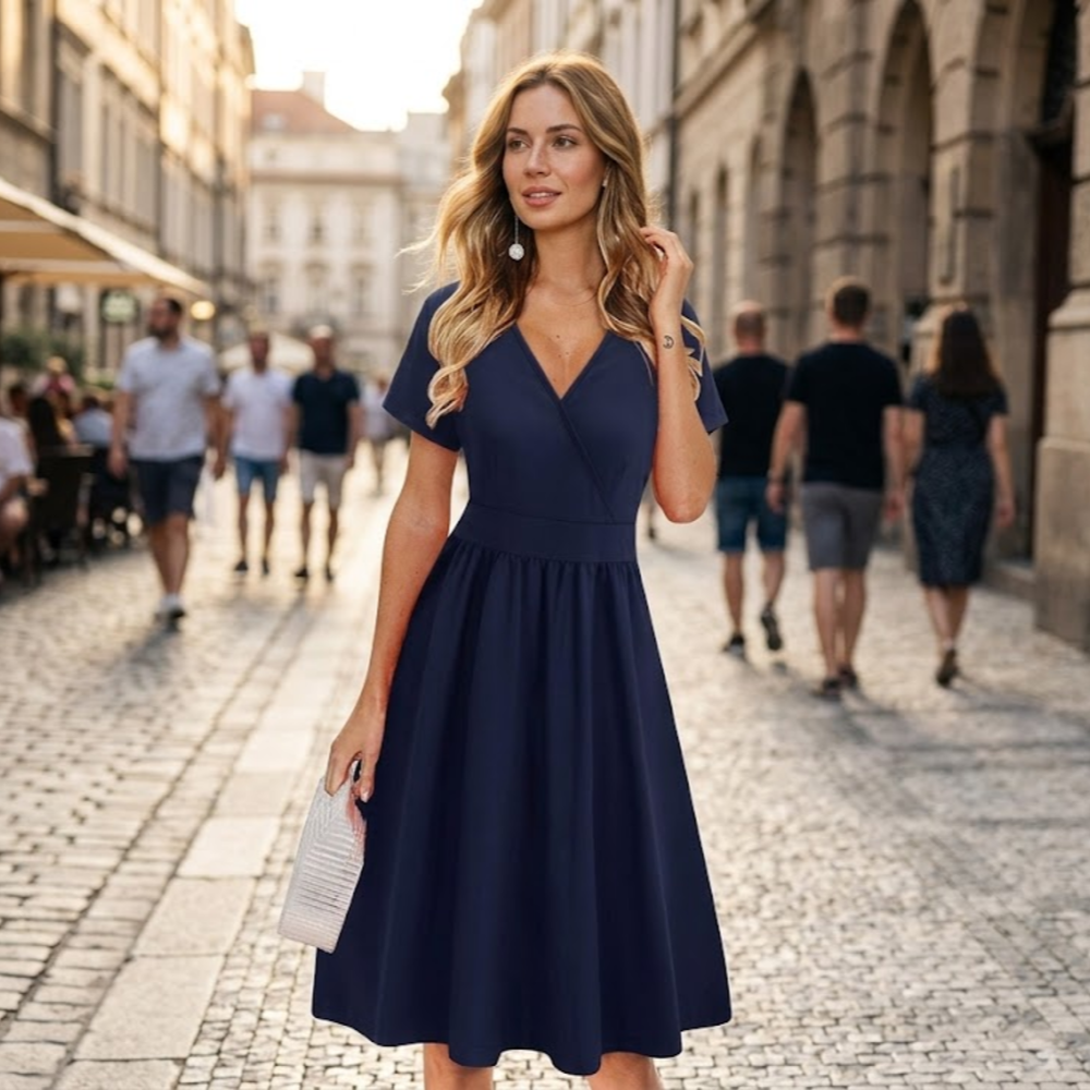 Ruby Vestido cruzado para mujer – Vestido midi con escote en V, mangas cortas y bolsillos