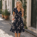 Sophie Robe Femme Midi Portefeuille – Col V, Poches, Robe Fleurie Élégante