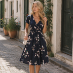 Sophie Robe Femme Midi Portefeuille – Col V, Poches, Robe Fleurie Élégante