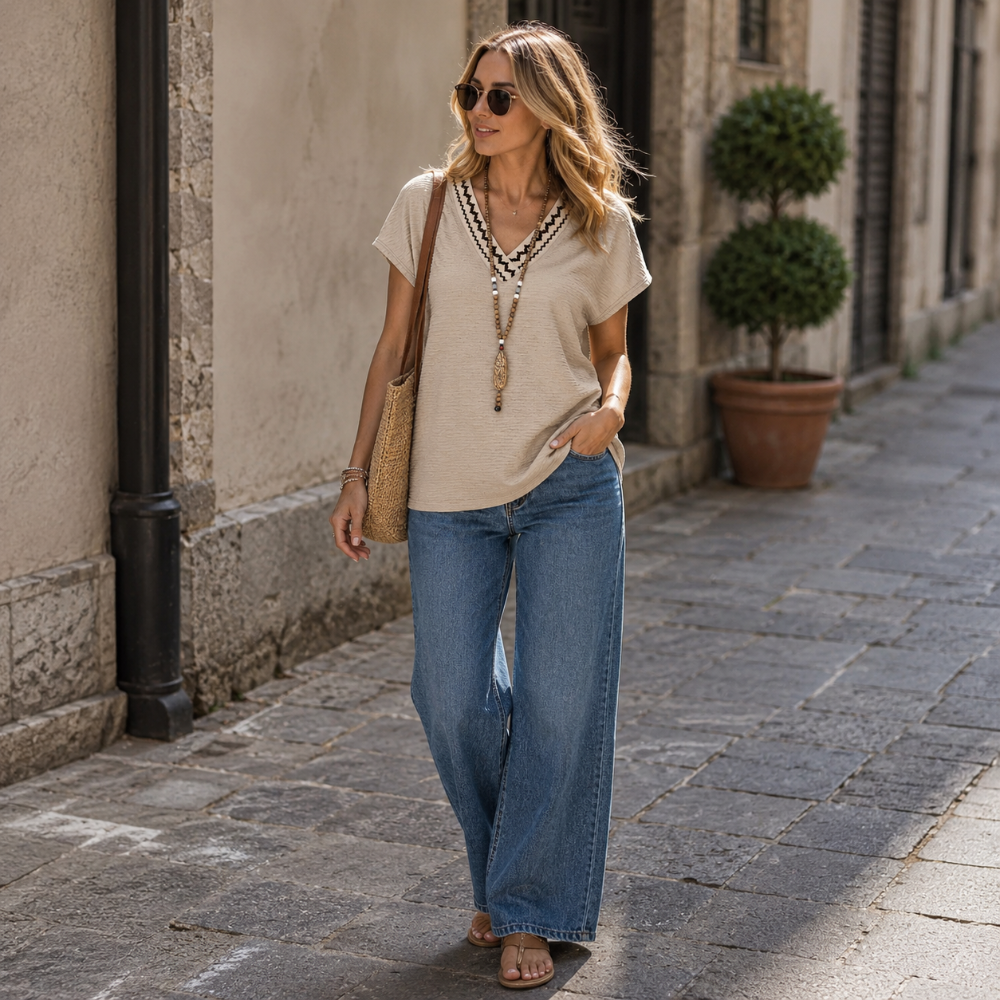 Francesca T-Shirt Donna – Scollo V, Top Casual Elegante, Maniche Corte Estivo