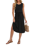 Vestido Midi para Mujer Ariana – Vestido sin Mangas con Bolsillos, Cinturón y Abertura Lateral