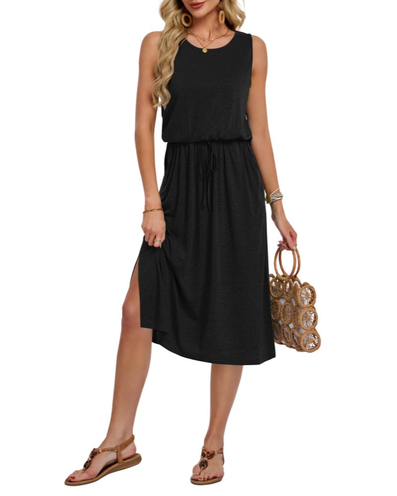 Vestido Midi para Mujer Ariana – Vestido sin Mangas con Bolsillos, Cinturón y Abertura Lateral