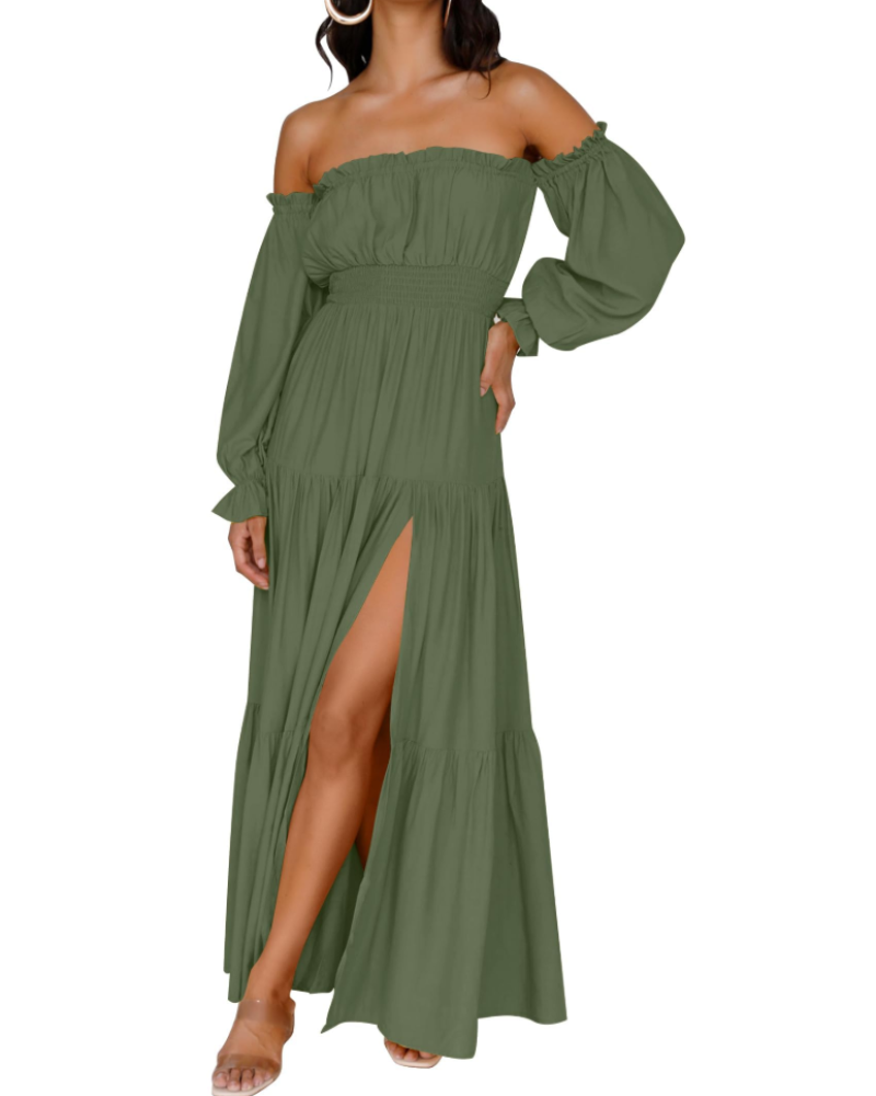 Isabella Vestido Mujer – Vestido Maxi Off Shoulder con Mangas Abullonadas, Abertura Alta y Dobladillo con Volantes