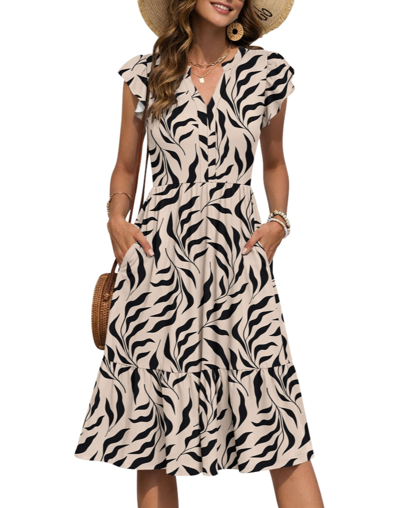 Camilla Midi Dress for Women – Floral Dress with V-Neck & Ruffled Sleeves