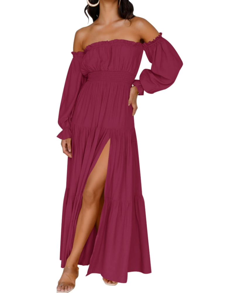 Isabella Vestido Mujer – Vestido Maxi Off Shoulder con Mangas Abullonadas, Abertura Alta y Dobladillo con Volantes