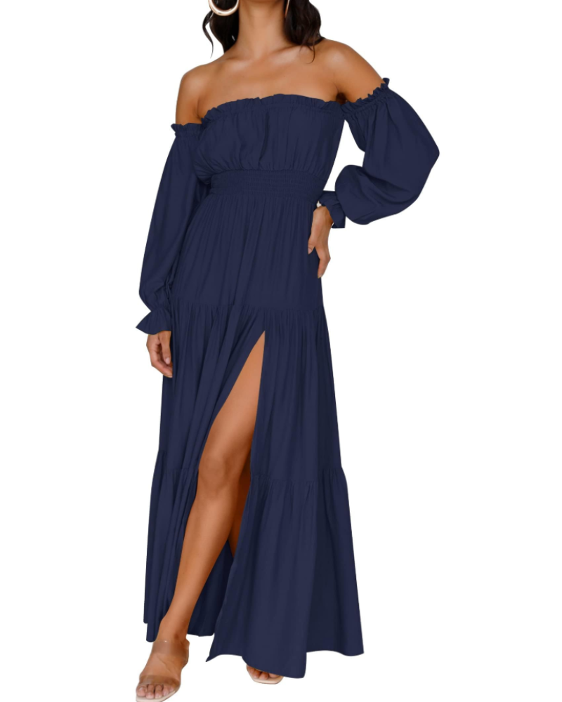 Isabella Vestido Mujer – Vestido Maxi Off Shoulder con Mangas Abullonadas, Abertura Alta y Dobladillo con Volantes