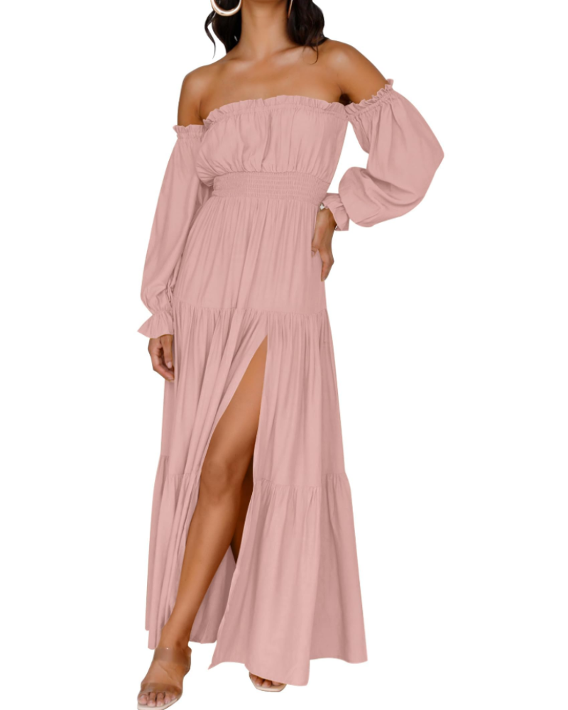 Isabella Vestido Mujer – Vestido Maxi Off Shoulder con Mangas Abullonadas, Abertura Alta y Dobladillo con Volantes