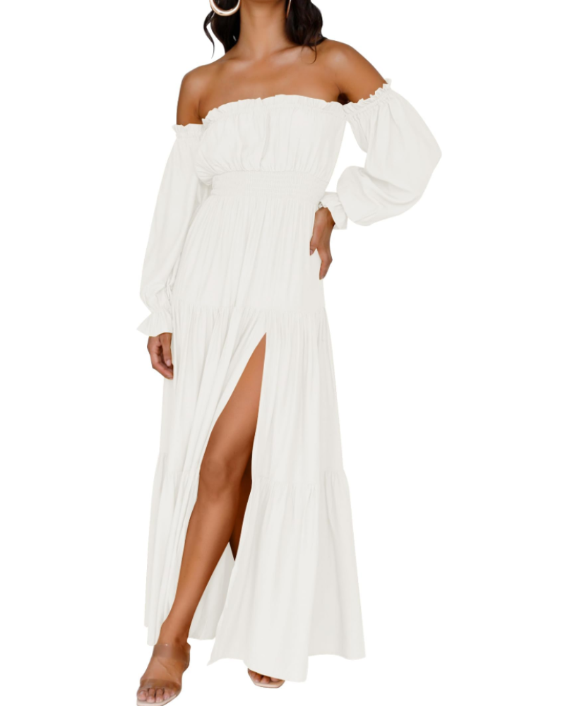 Isabella Vestido Mujer – Vestido Maxi Off Shoulder con Mangas Abullonadas, Abertura Alta y Dobladillo con Volantes