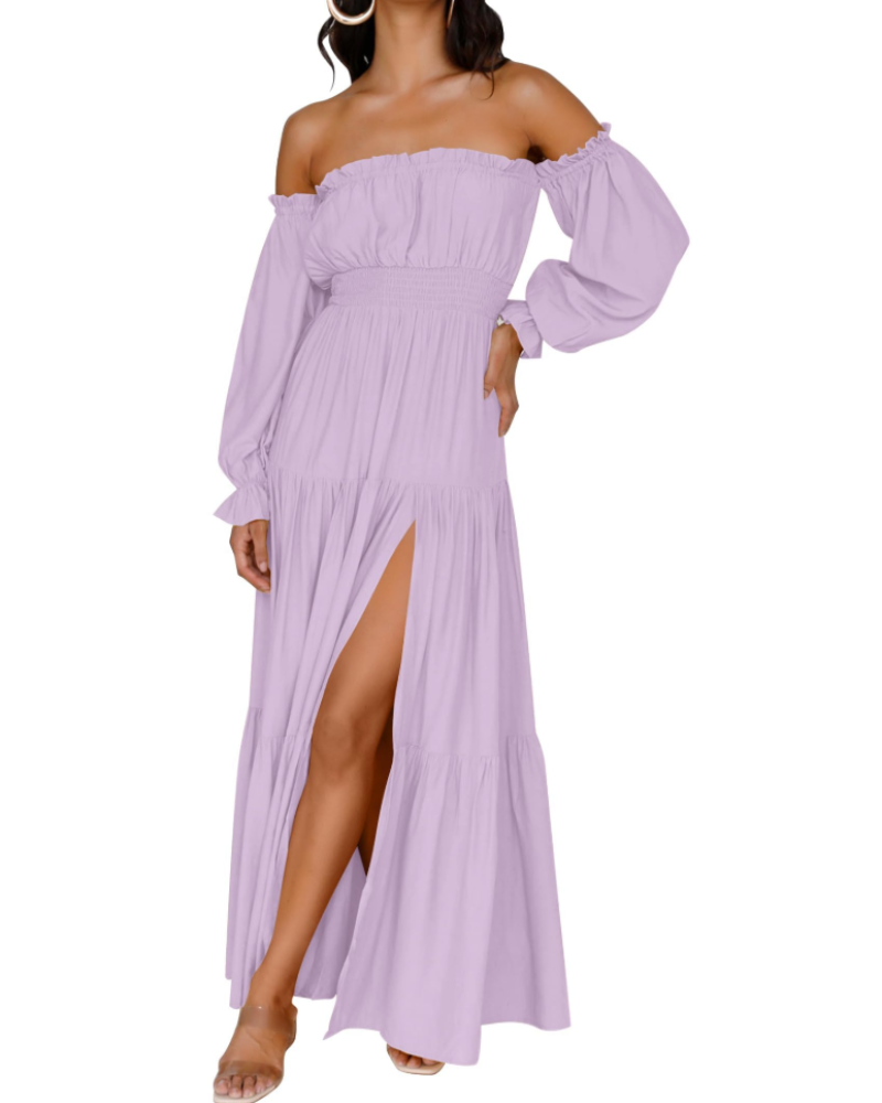Isabella Vestido Mujer – Vestido Maxi Off Shoulder con Mangas Abullonadas, Abertura Alta y Dobladillo con Volantes