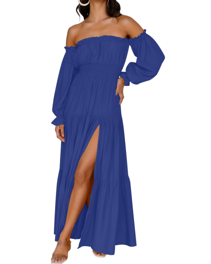 Isabella Vestido Mujer – Vestido Maxi Off Shoulder con Mangas Abullonadas, Abertura Alta y Dobladillo con Volantes