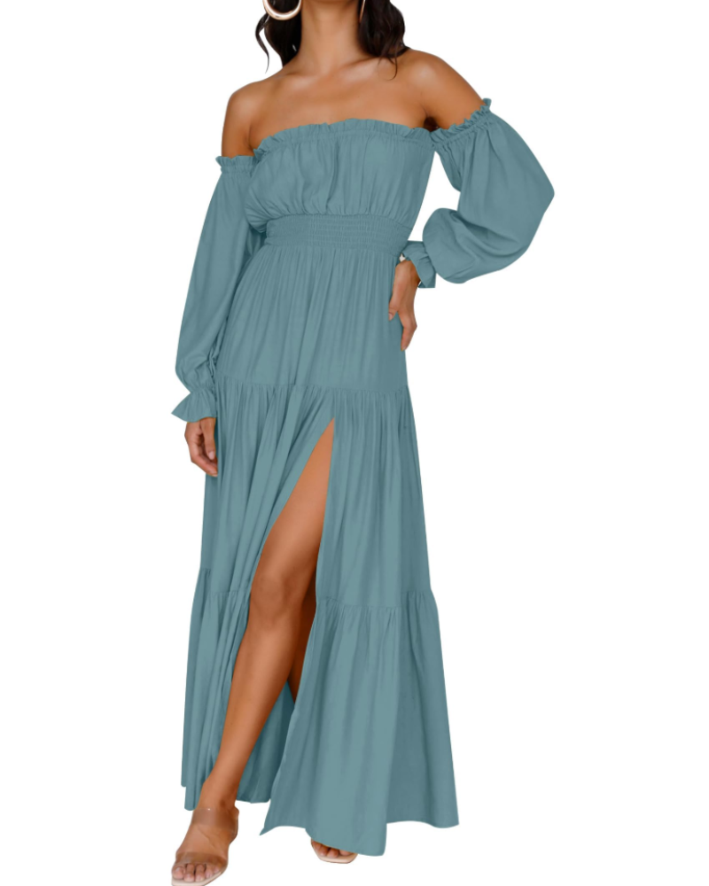 Isabella Vestido Mujer – Vestido Maxi Off Shoulder con Mangas Abullonadas, Abertura Alta y Dobladillo con Volantes