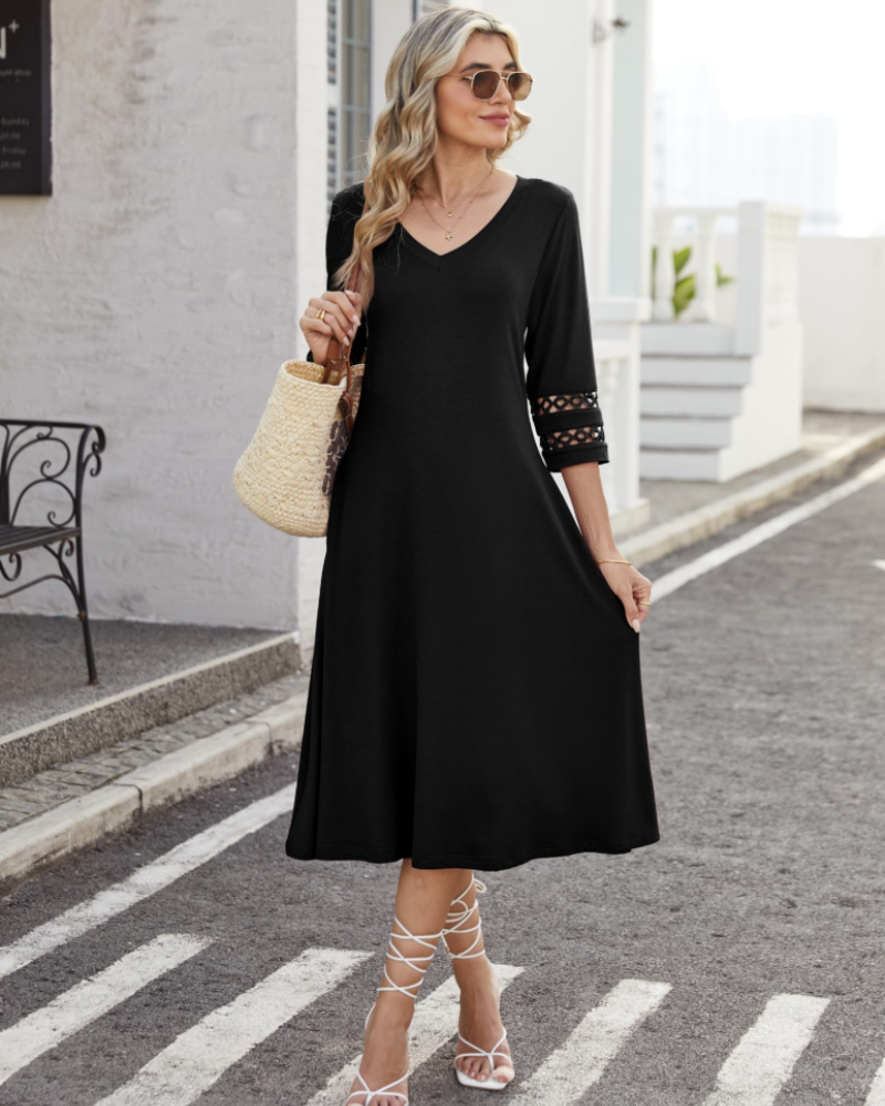 Valerie Abito Midi Mujer – Vestido Línea A con Escote en V y Mangas de Encaje