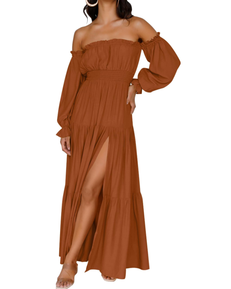 Isabella Vestido Mujer – Vestido Maxi Off Shoulder con Mangas Abullonadas, Abertura Alta y Dobladillo con Volantes