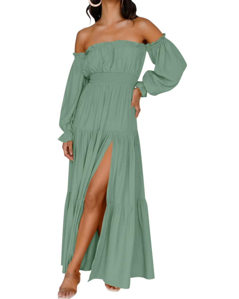 Isabella Vestido Mujer – Vestido Maxi Off Shoulder con Mangas Abullonadas, Abertura Alta y Dobladillo con Volantes