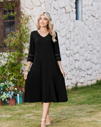 Valerie Abito Midi Mujer – Vestido Línea A con Escote en V y Mangas de Encaje