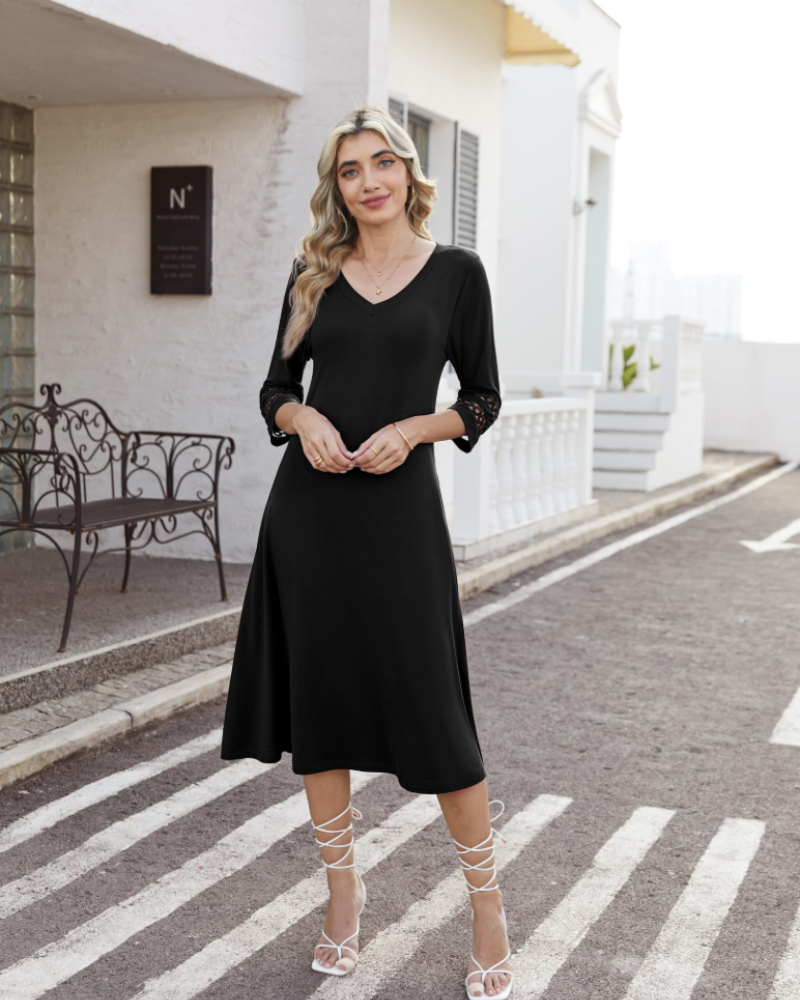 Valerie Abito Midi Mujer – Vestido Línea A con Escote en V y Mangas de Encaje