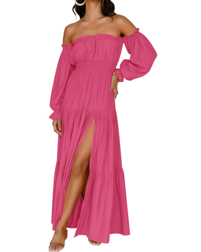 Isabella Vestido Mujer – Vestido Maxi Off Shoulder con Mangas Abullonadas, Abertura Alta y Dobladillo con Volantes