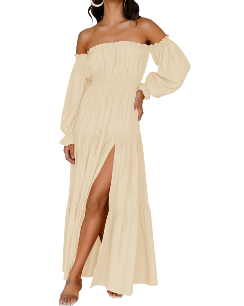 Isabella Vestido Mujer – Vestido Maxi Off Shoulder con Mangas Abullonadas, Abertura Alta y Dobladillo con Volantes