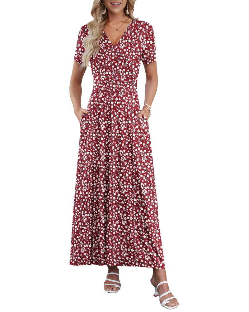 Danielle Abito Long Femme – Robe d'Été avec Col en V, Taille Haute et Poches