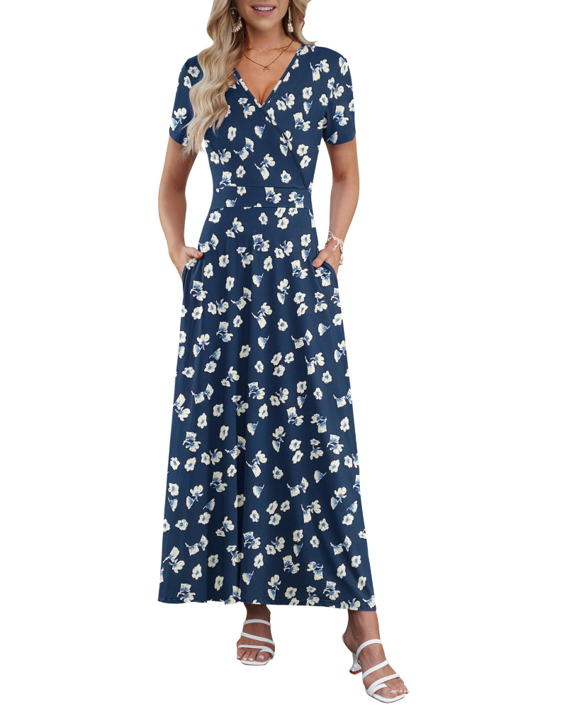 Danielle Abito Long Femme – Robe d'Été avec Col en V, Taille Haute et Poches