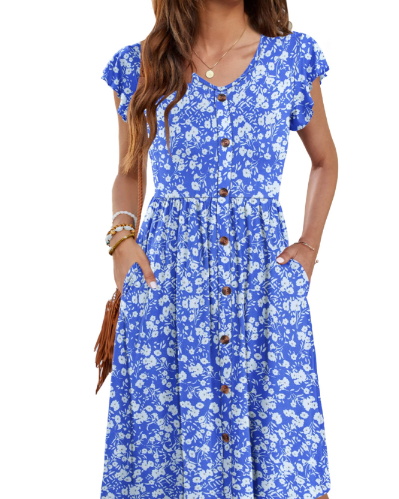 Lydia Women's Dress – Summer Midi Dress with V-Neck, Decorative Buttons & Pockets