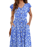 Lydia Women's Dress – Summer Midi Dress with V-Neck, Decorative Buttons & Pockets
