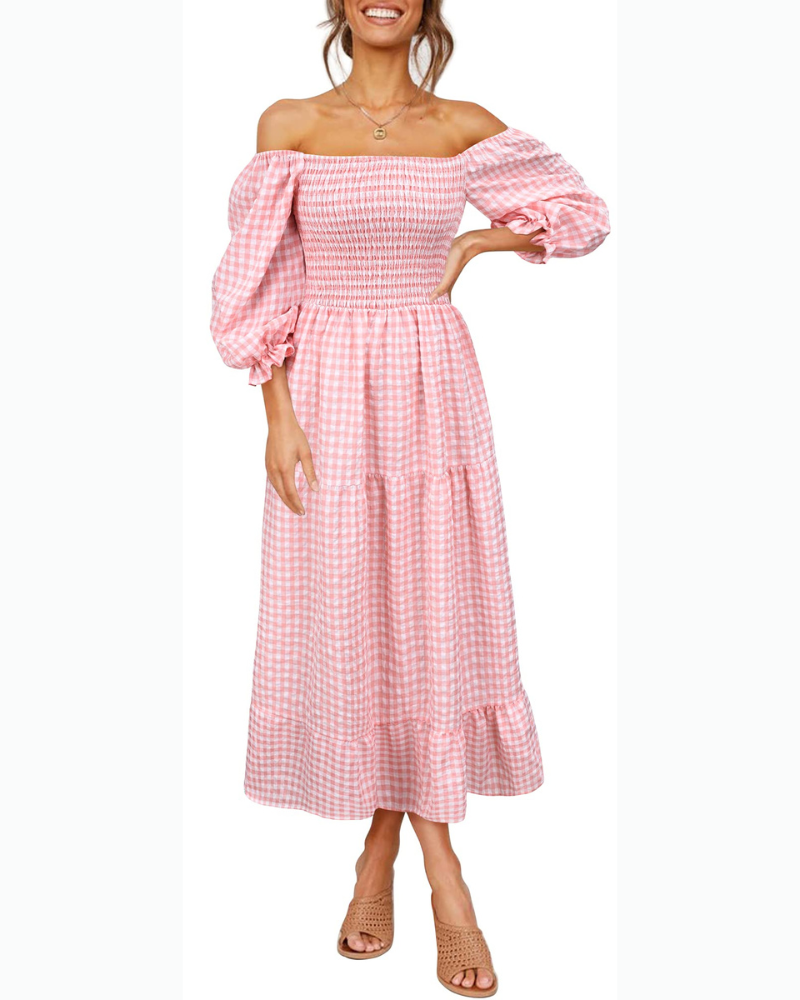 Vestido midi Lily para mujer – Vestido bohemio a cuadros con mangas abullonadas y volantes