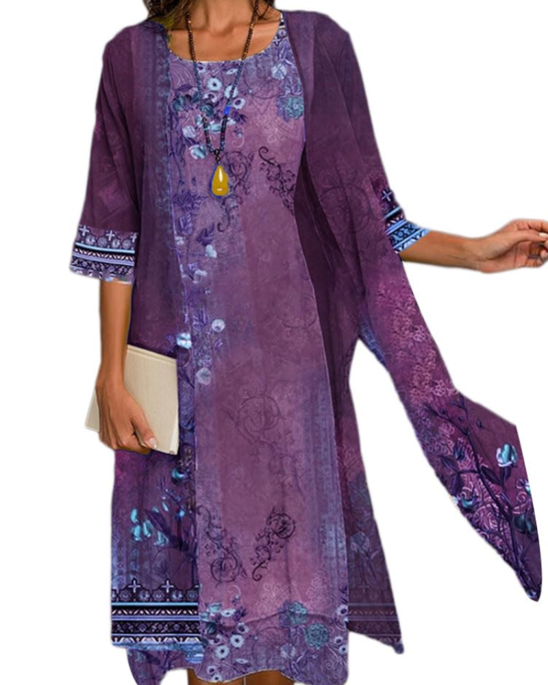 Beverly Completo Damă 2 Piese – Rochie Midi Florală cu Cardigan din Tul