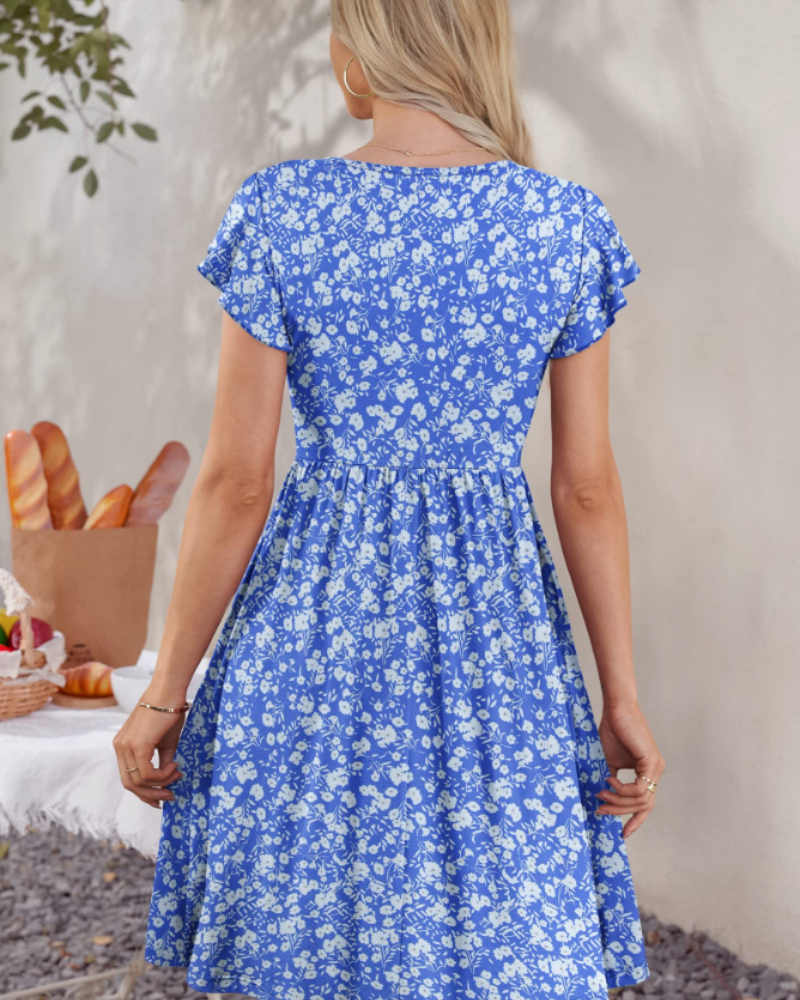 Lydia Women's Dress – Summer Midi Dress with V-Neck, Decorative Buttons & Pockets