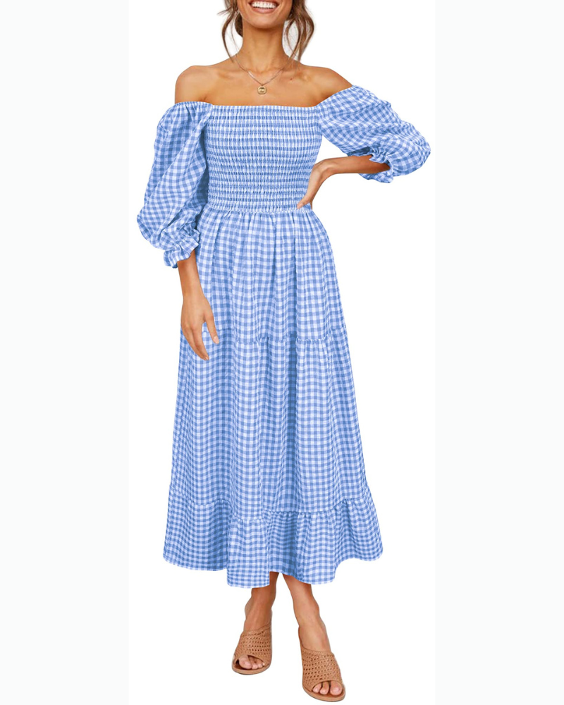 Vestido midi Lily para mujer – Vestido bohemio a cuadros con mangas abullonadas y volantes