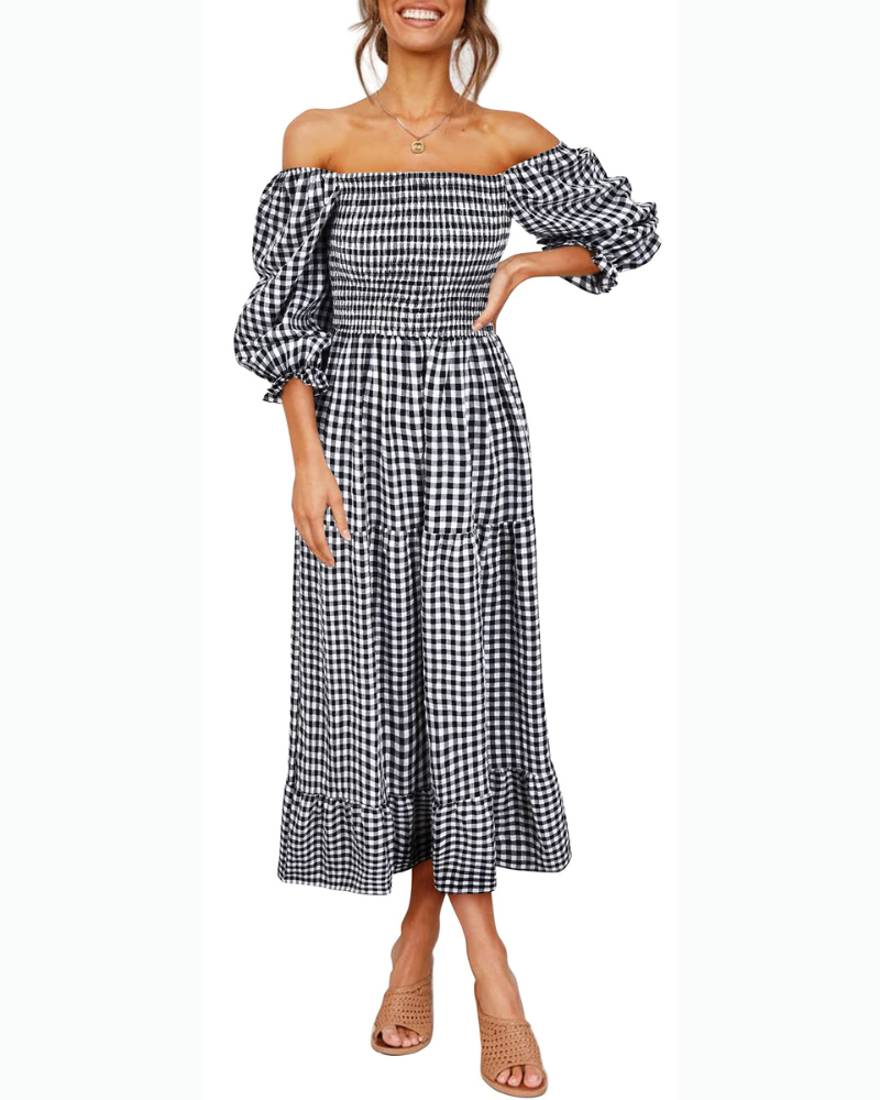 Vestido midi Lily para mujer – Vestido bohemio a cuadros con mangas abullonadas y volantes