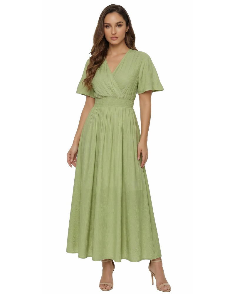 Brynn Vestido Largo de Mujer – Escote en V, Mangas con Volantes y Cintura Elástica
