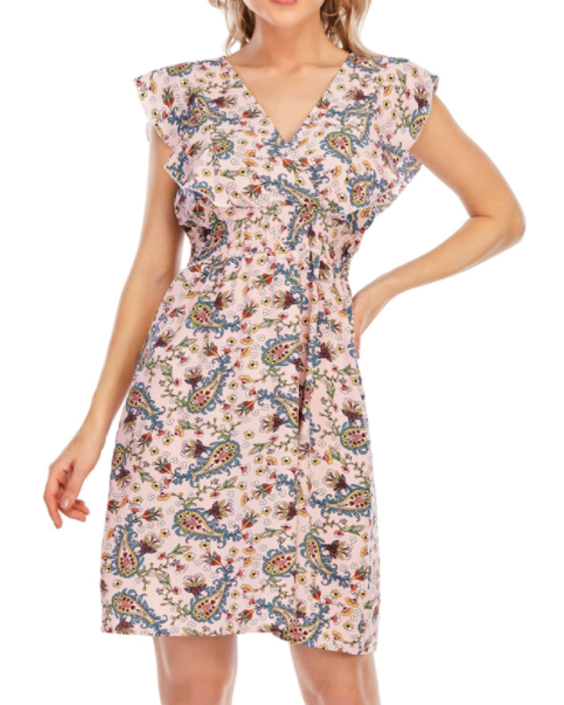 Paige Abito Donna – Mini kjole med blomster i chiffon med V-hals, volanger og A-linje