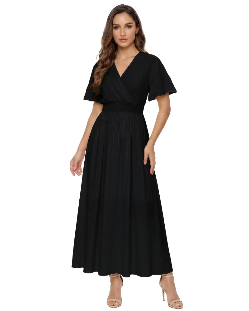 Brynn Vestido Largo de Mujer – Escote en V, Mangas con Volantes y Cintura Elástica