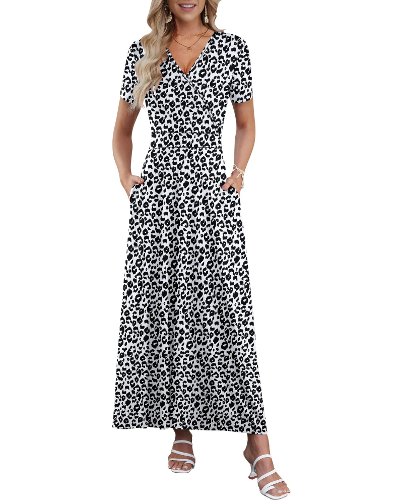 Danielle Abito Long Femme – Robe d'Été avec Col en V, Taille Haute et Poches