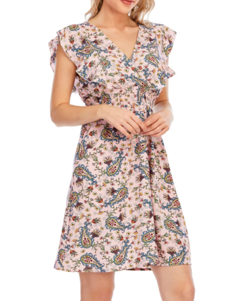 Paige Abito Donna – Mini kjole med blomster i chiffon med V-hals, volanger og A-linje