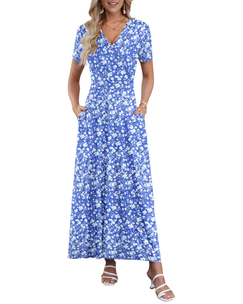 Danielle Abito Long Femme – Robe d'Été avec Col en V, Taille Haute et Poches