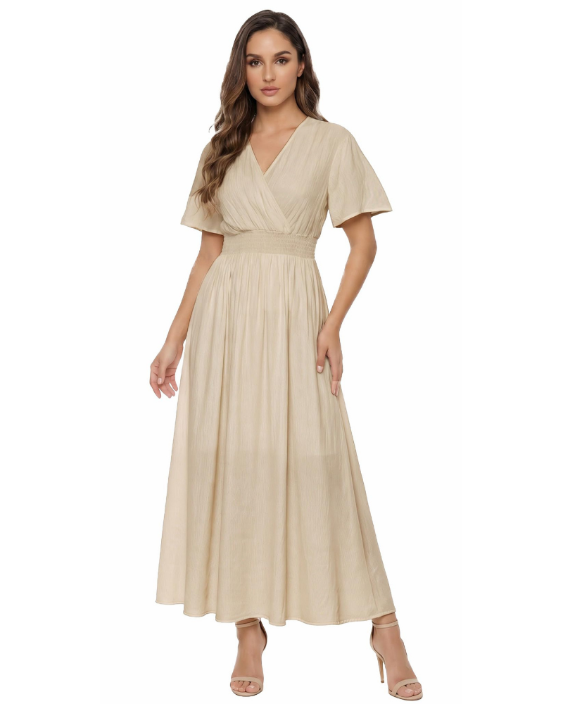 Brynn Vestido Largo de Mujer – Escote en V, Mangas con Volantes y Cintura Elástica